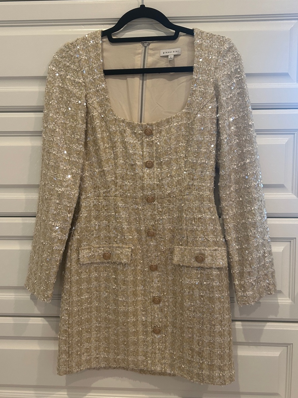 Gianni Bini Champagne Sequin Bouclé Long-Sleeve Dress